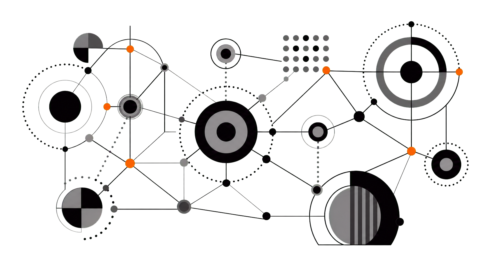 Abstract network of connected circles, lines, and orange nodes