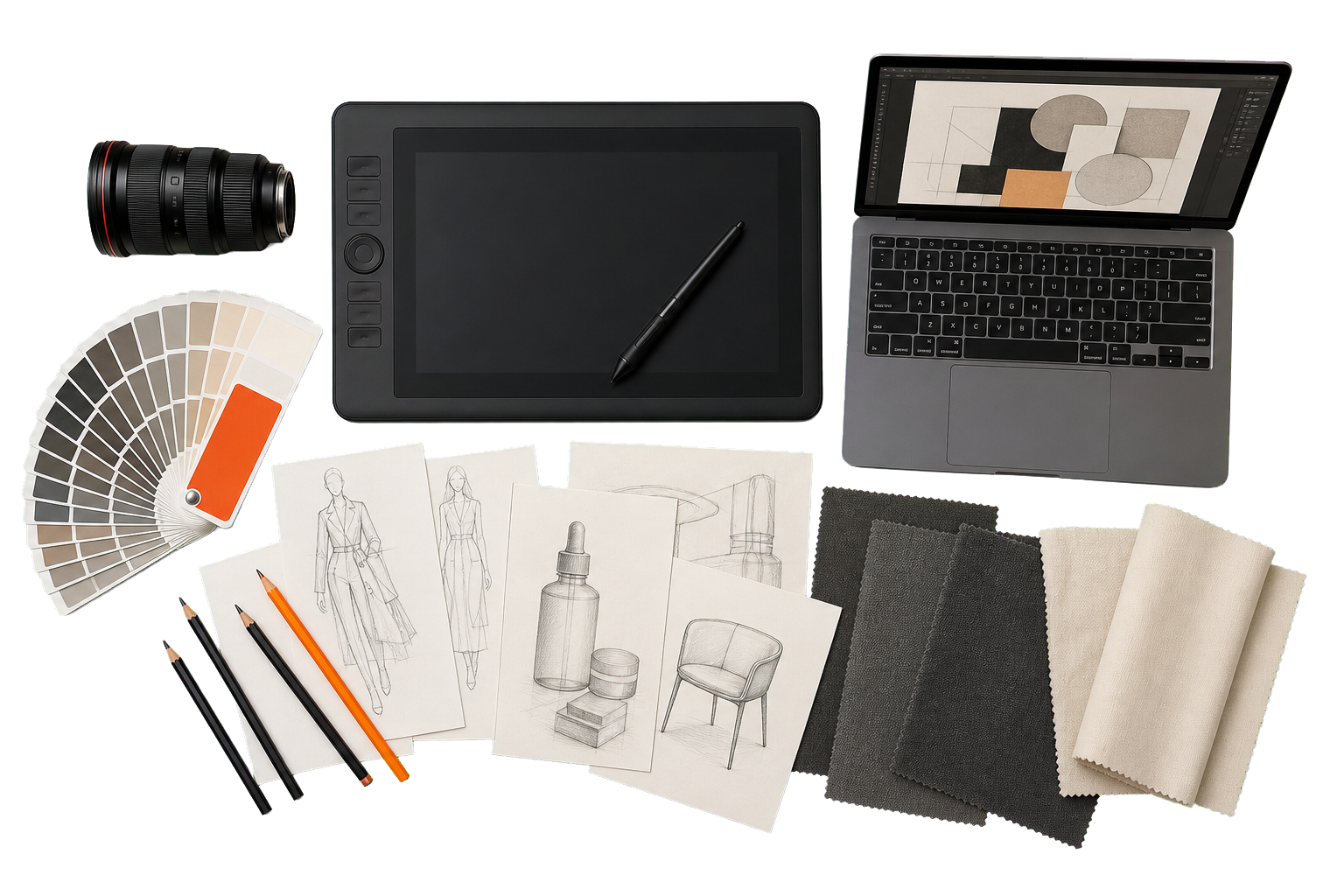 Professional creative tools including a drawing tablet, camera lens, color swatches, sketches, laptop, and fabric samples